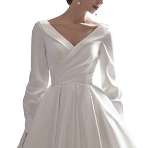 Abito da donna elegante in <span class=keywords><strong>raso</strong></span> a <span class=keywords><strong>maniche</strong></span> <span class=keywords><strong>lunghe</strong></span> con scollo a V profondo, ideale per matrimoni e feste. - Product Image 6