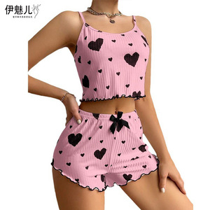 Conjunto de Ropa para el Hogar para Mujer, Venta Caliente Transfronteriza 2024, con Camisola y Pantalones Cortos con Estampado de Corazón, Casual y Puede Usarse en el Exterior - Product Image 4