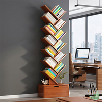 Étagère en forme d'arbre autoportante avec grain de bois de noyer en MDF et tiroir inférieur, support de rangement stable pour la maison et le bureau
