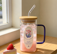 Mug à café en verre droit avec poignée bleue, couvercle en bambou, paille en verre, design tulipe, tasse transparente en borosilicate pour thé, jus, maison, bureau