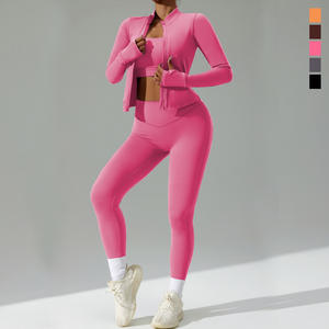 Ensemble de yoga pour femmes, haut à manches longues avec fermeture éclair, leggings taille haute, couleur unie, spandex, vêtements de fitness, XS à 3XL - Product Image 3