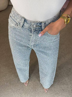 Jeans jambe droite taille haute pour femmes respirant lâche strass embelli cristal lavage Denim Patchwork motif
