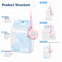 Sac de présentation en PVC transparent motif carton de lait, avec dessus festonné, fermeture à pression, breloque fleur, sangle de suspension, résistant à l'eau, cadeau Kawaii, vente en gros