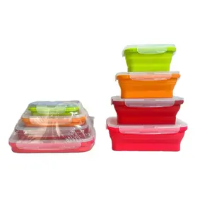 4PCS Silicone Collapsible Bento Folding Food Storage Container Leakproof Lunch Box Portable Outdoor Picnic Rectangle