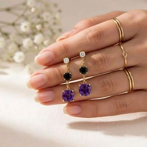 Purple Amethyst Cushion Cut <b>Earrings</b> with Black Obsidian Gemstone Drop Elegant <b>Dangle</b> <b>Earrings</b> in 925 Sterling <b>Silver</b> Handmade - Product Image 3