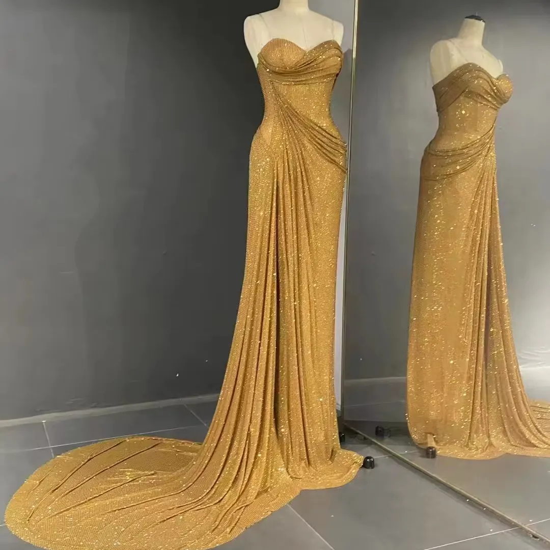 QUEENS GOWN gold diamond mermaid dress custom made color fashion show stage dress