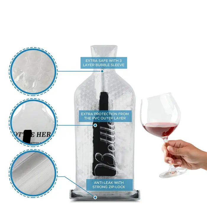 Bolsa de transporte de vino personalizada, Protector de botellas de vino reutilizable de plástico, bolsa de viaje, bolsas de burbujas
