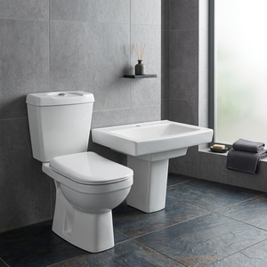 Italian High End Ceramic Sanitary Ware Set Two Piece WC Toilet With Square Half Pedestal Wash Basin - Product Image 4