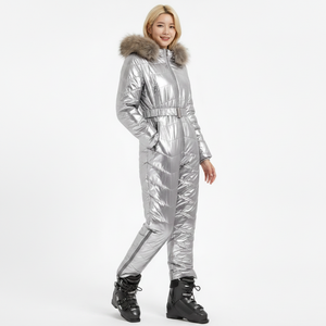 Combinaison de <span class=keywords><strong>ski</strong></span> pour <span class=keywords><strong>femme</strong></span> AQTQ, luxe, argent métallisé, avec capuche en <span class=keywords><strong>fourrure</strong></span>, ceinture de créateur, une pièce - Product Image 2