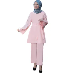New Design Two-Piece Islamic Elegant Long-Sleeve Clothes Set Dresses Middle East Top And Pants 2Pc Set Muslim Salwar Suit