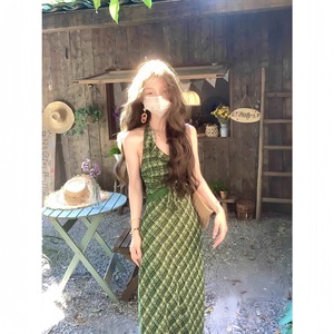 Vestido de Verano Largo Estilo Francés con Estampado Floral, Cuello Halter, Silueta Lápiz de Gasa, Cintura Natural, Transpirable, con Lazo Cruzado, para Ocio - Product Image 3