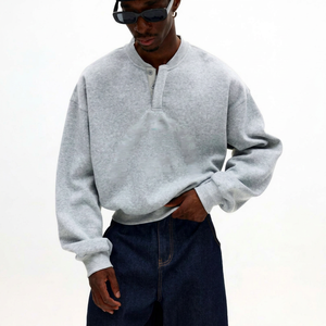 Oversized Gray French Terry <b>Half</b> <b>Zip</b> <b>Sweatshirt</b> <b>Men</b> Button Up Collar Embroidered Letter Design Casual Autumn Wear - Product Image 1