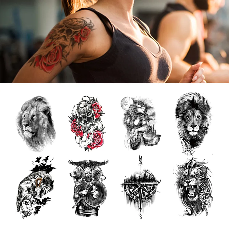 Wholesale 2022 Men Temporary Tattoo Stickers Half Arm Waterproof Tattoo for women Tiger Lion Blackword Body Art Stickers