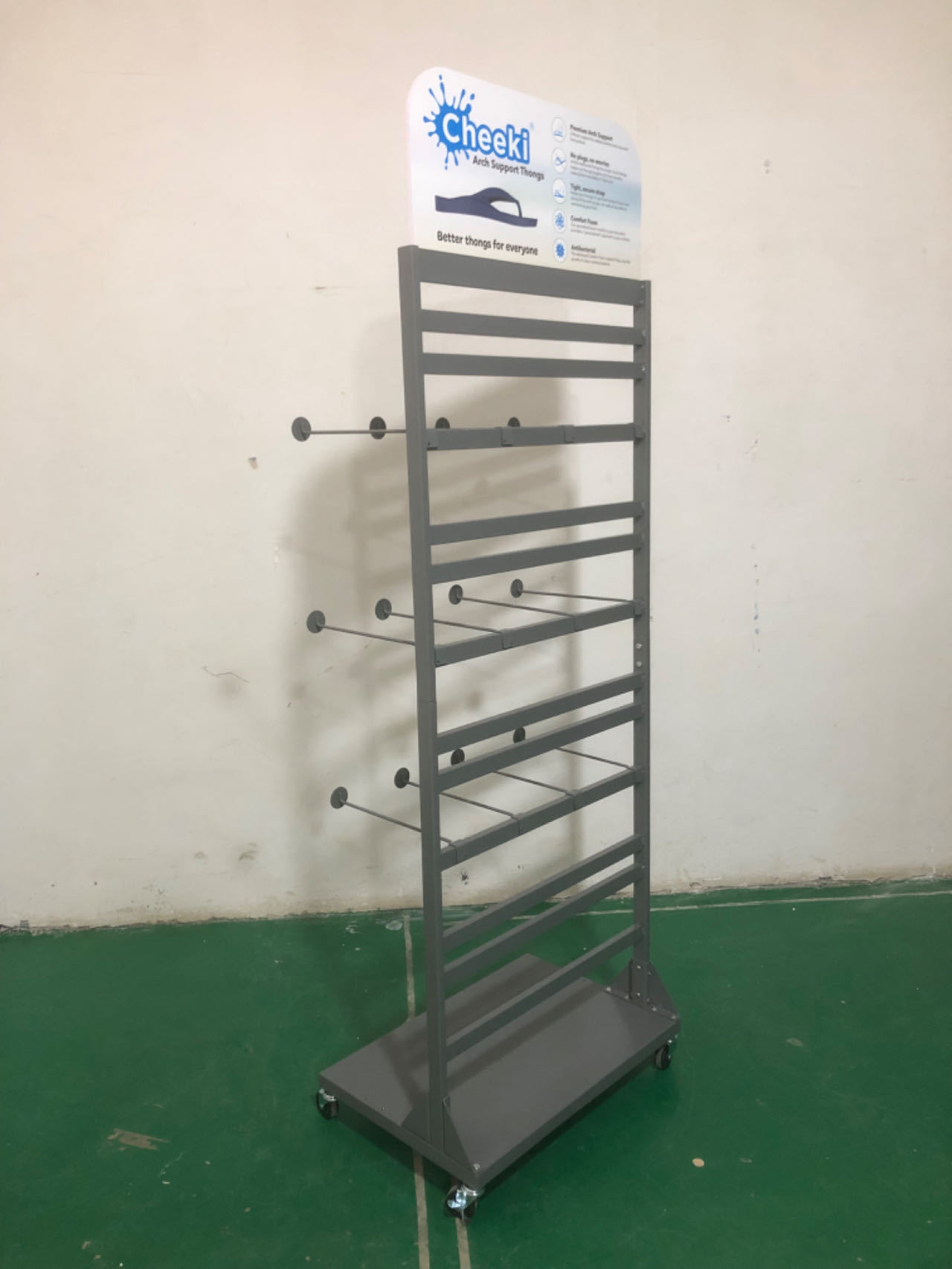 Single-sided Heavy Duty Strip Board Metal Floor Stand Display Rack Powder Coated Finish Adjustable Hooks Supermarket — view 2