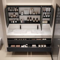 Mueble de Baño Moderno Ecológico de Pared con Doble Lavabo de Cerámica, Espejo Inteligente, Tamaño Personalizable, para Hotel o Apartamento