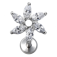 Piercing corporel en titane ASTM F136 G23 plaqué or, forme fleur, 6 zircons marquise, pour labret, tragus, cartilage, hélix, conque, lèvre