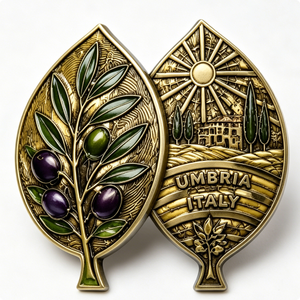 Médaille souvenir en laiton plaqué or d'Umbria, Italie, de forme irrégulière, avec impression en relief sur le thème des fruits, pièce de collection - Product Image 2
