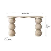 Table console moderne en marbre travertin beige avec pieds sphériques empilés uniques, idéale pour la décoration de couloirs et de salons de luxe.