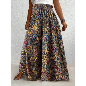 Pantalon palazzo fluide grande taille pour femme, motif floral, coupe large, taille haute, style bohème, idéal pour les vacances d'été et les croisières - Product Image 2
