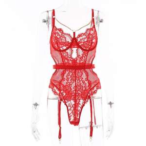 Sexy dames bodysuit van kant met uitsparingen, transparant mesh, open rug, satijn, verleidelijk, ademend lingerie met 3D-borduurwerk - Product Image 6