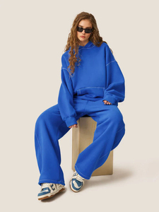 Conjunto Deportivo Unisex Azul con Capucha, Pantalones Largos, 100% Algodón, Corte Holgado, Estilo Casual Lavado para Otoño - Product Image 3
