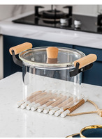 Pot en céramique avec manche en bois, casserole à soupe droite et couvercle en verre