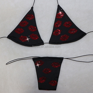 B224 <span class=keywords><strong>Bikini</strong></span> Micro Estremo con Stampa Labbra Rosse e Cristalli, Perizoma con Lacci, Abbigliamento Sexy da Ballo per Donne - Product Image 2