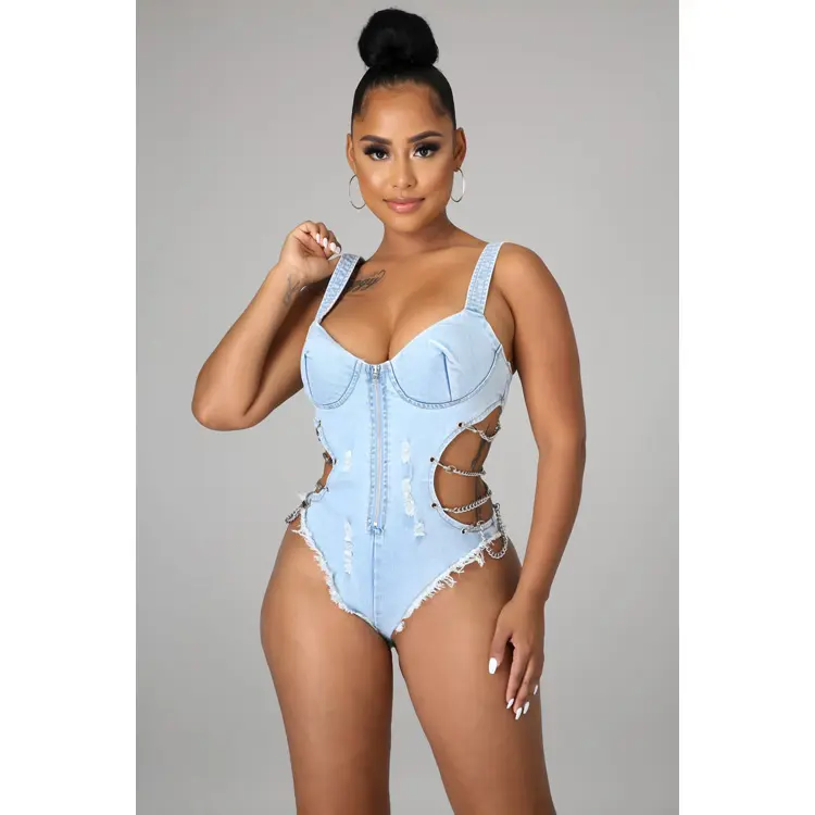 Chuỗi Mới Không Tay Sling Sexy Denim Jumpsuit Đồ Bơi Một Mảnh