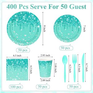 Assiettes en papier jetables, gobelets, serviettes, couverts, ensemble de vaisselle, design diamant pailleté bleu turquoise, fournitures pour mariage, anniversaire, fête, 24 pièces - Product Image 2