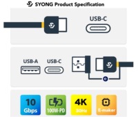 Cable Híbrido USB-C 3.0 SYONG de 3 pies (1 m) 2 en 1, 4K60Hz, 10Gbps, 100W, 5A, Carga Rápida con Blindaje Trenzado USB-A para Computadoras Lenovo