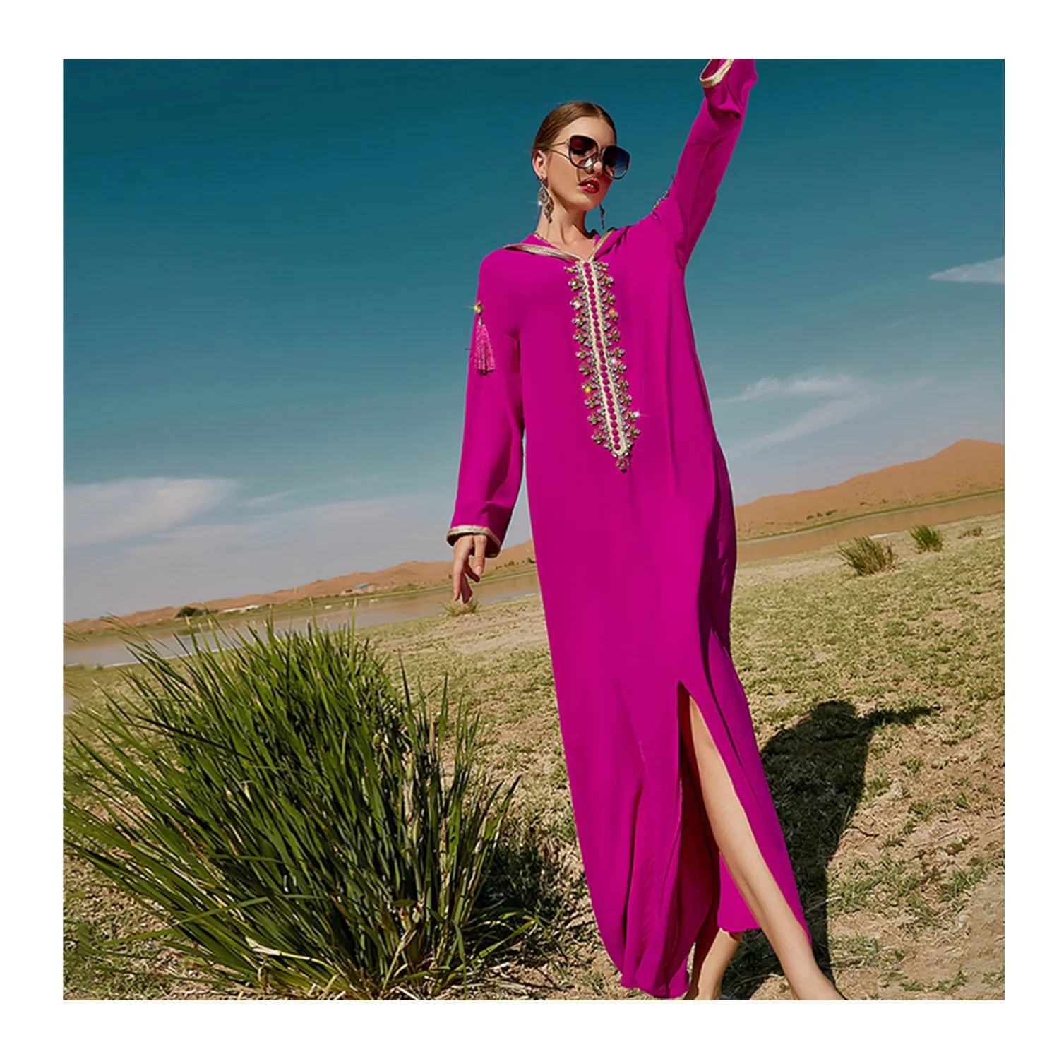 SIPO Marok kanis cher Stil Kaftan Abaya Islamische Kleidung Dubai 2022 Polyester Rose Rot A-Linie Schnitt Maxi kleid Mit Hand genähten Strass steinen