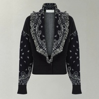 Frühlings-Vintage-Retro-Jacquard-Strickmantel mit Rohkanten-Quastenrevers, lockerer Cardigan-Pullover