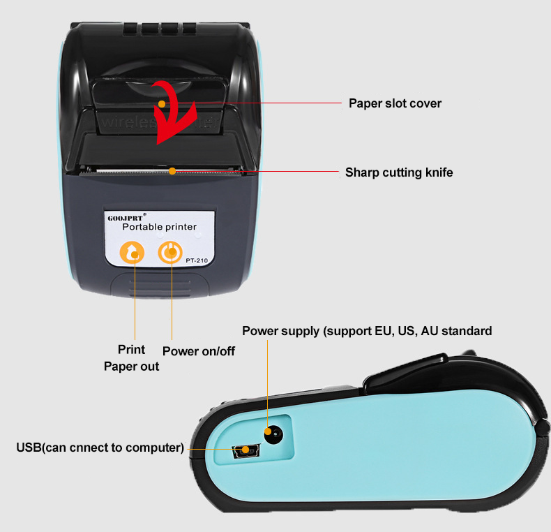 Good Quality Portable Blue Tooth Printer Goojprt PT-210 58mm Mini Thermal Receipt Printer with Leather Case Optional