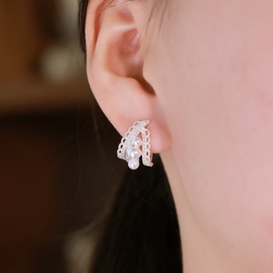 Boucles d'oreilles grimpantes en <span class=keywords><strong>argent</strong></span> sterling S925 avec grappe de perles coquillages et accent CZ, style vintage, filigrane dentelle, pour mariée, pour femme - Product Image 5