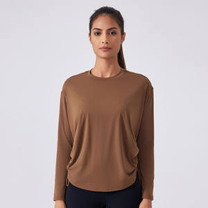 Vente chaude Femmes Nude Respirant Séchage Rapide Lâche Sport Chemises À Manches Longues Côté Tirer Corde O Cou Fitness Yoga T-shirts - Product Image 5