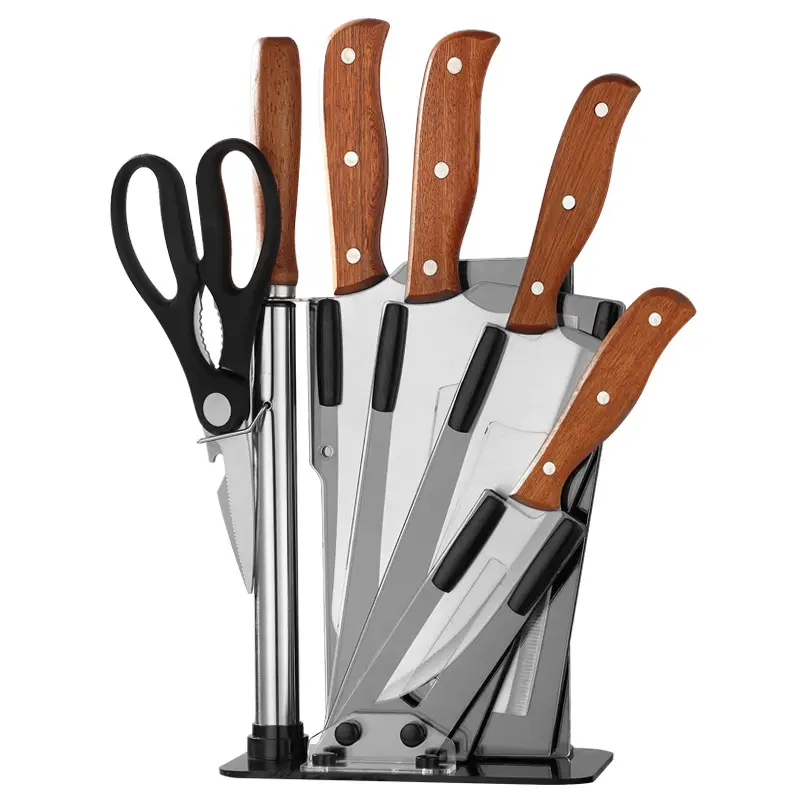 LLX372 Wholesale 7pcs Stainless Steel Cooking Cutting Tools Kitchen Knives Set with Wooden Block Stand Kitchen Knife Set