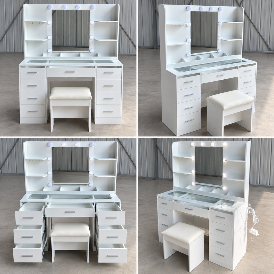 Timber Based Large Makeup Vanity Desk with Mirror and Lights, White| Alibaba.com