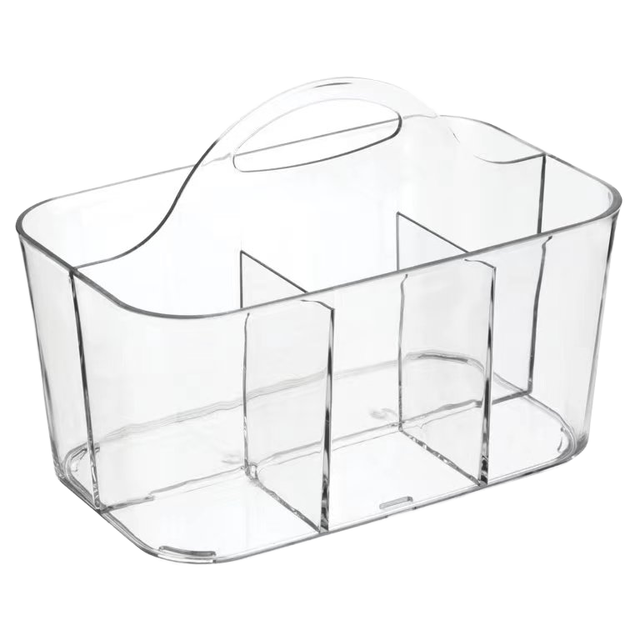 Clear Rectangle Plastic Injection-Molded Eco-Friendly Makeup Storage Organizer Caddy Divided Compartments Handle for Bathroom