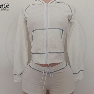 Waffel gestrickt Langarm Hoodie Set Frauen Sommerkleid ung Custom LOGO Zipper Basic Hoodie Jacke und Shorts Zweiteilige Lounge Sets - Product Image 2