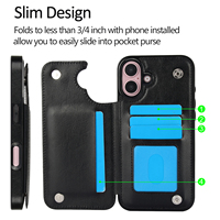 Étui portefeuille en cuir PU noir pour iPhone 18 Pro Max 16 Plus/16e, coque antichoc magnétique à bandoulière avec fentes pour cartes et béquille