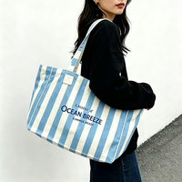 Sac fourre-tout en toile de coton à rayures contrastées personnalisées en gros, sac de shopping réutilisable et écologique à porter à l'épaule pour les vacances à la plage