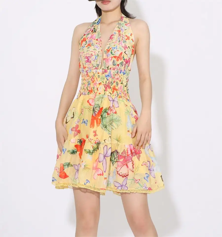 2024 New Fashion Women's Printed Floral Yellow Tieback Mini Casual Dresses For Women
