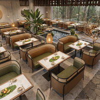 Ensemble de mobilier commercial moderne : table, chaises, canapé sectionnel confortable en bois, métal et cuir, facile à nettoyer, pour restaurant