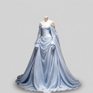 Vestido de Noche Elegante Azul Claro de Satén con Hombro Descubierto, Estilo Sirena, Drapeado, Largo hasta el Suelo, con Cola Watteau, Talla XL - Product Image 1