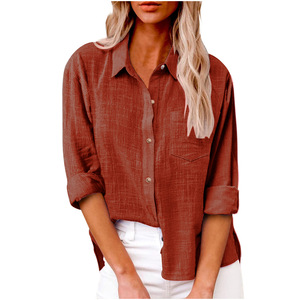 Camicia Casual da Donna in Cotone a <span class=keywords><strong>Maniche</strong></span> <span class=keywords><strong>Lunghe</strong></span> con Tasche, Stile Primaverile, Tinta Unita, Collezione 2025 - Product Image 5