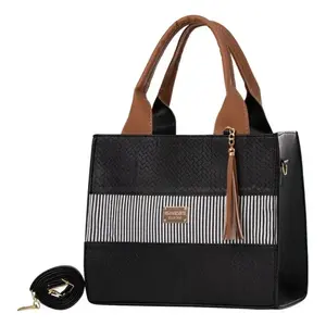 Fana <b>Women's</b> Black Striped Handbag Genuine <b>Leather</b> Zip Closure Tassel Elegant Daily Use - Product Image 4