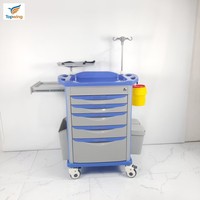 Carrito de Emergencia Médico Profesional de Plástico ABS, Carrito de Enfermería para Hospital con 5 Cajones, Poste para Suero, Estante para Desfibrilador, UCI, ER