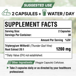 Cápsulas de Extracto de Raíz de Thunder God Vine OEM 1200 MG, Suplemento de <span class=keywords><strong>Tripterygium</strong></span> <span class=keywords><strong>Wilfordii</strong></span> con Extracto de Lei Gong Teng - Product Image 2