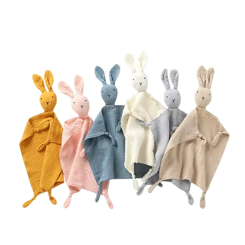 Wholesale Lovely Ultra Soft 100% Organic Cotton Muslin Bunny Baby Infant Comforter Security Blanket for baby sleeping