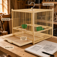 Cage à oiseaux en bois naturel avec perchoir et bols, plateau inférieur amovible, nettoyage facile, cage suspendue au plafond pour petits oiseaux